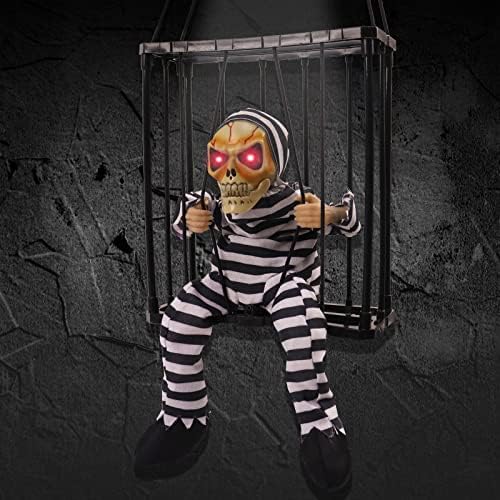 Страшни Анимирани Висящи украси за Хелоуин - Наперен Затворник в Клетка с Черепа с Датчик за движение за Хелоуин
