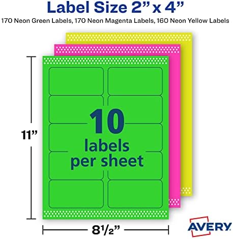 Неонови етикети Avery 2 x 4 стабилна подаване за лазерни принтери, Различни цветове, 500 Неонови надписи, етикети