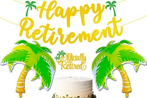 Украса за парти в чест на пенсиониране на плажа, Златна Блестящ Банер с Надпис Happy Retirement, Кръгова Венец