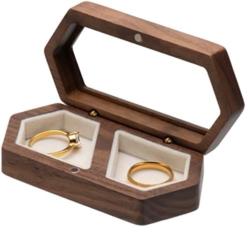 COSISO 2 Опаковки Дървени Кутии за Пръстени за Сватбената церемония (Правоъгълник + Шестоъгълник)