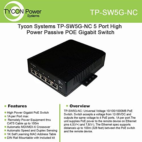 Tycon Systems TP-SW5G-NC 5-портов Пасивен Gigabit switch POE висока мощност - 12-56 В