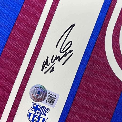 В рамка С Автограф/с подпис на Серхио Кун Агуэро 33x42 ФК Барселона Червено-Синя Футболна Фланелка на Бекет
