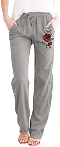 iCODOD, дамски ежедневни памучни ленени панталони с принтом, прав панталон с еластична талия, обикновен панталон