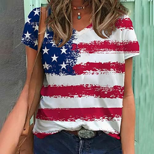 Дамски Памучен Блуза с V Образно Деколте и Образа на Американския Флаг и Звезди, Тениска за Късна Закуска, Дамски