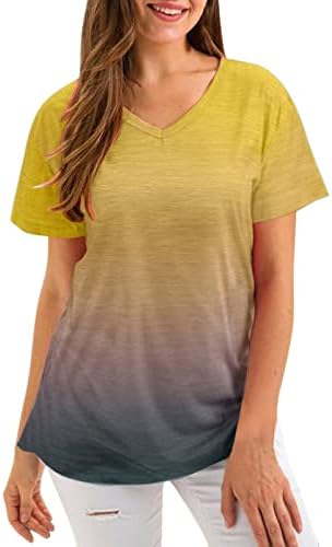Дамски Градиентные Тениска с V Образно деколте и Къс Модерен Ръкав Slim Top Големи размери