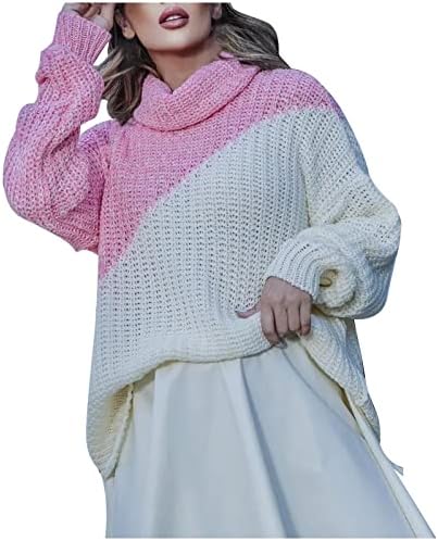 Жена Пуловер с висока Воротом и дълъг ръкав, Оборудвана Вязаный Пуловер, Жилетка, Блузи, Пуловери с Цветен Блок