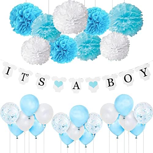 Декорации за детската душа, за едно момче, Сини и бели, с Банер It ' s a Boy, Латексными топки конфети и pom-помераните