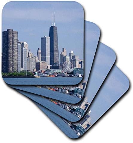 3dRose CST_208022_2 Илинойс, Чикаго е езерото Мичиган Гледка към силуета на града Чикаго, Меки подложки (комплект