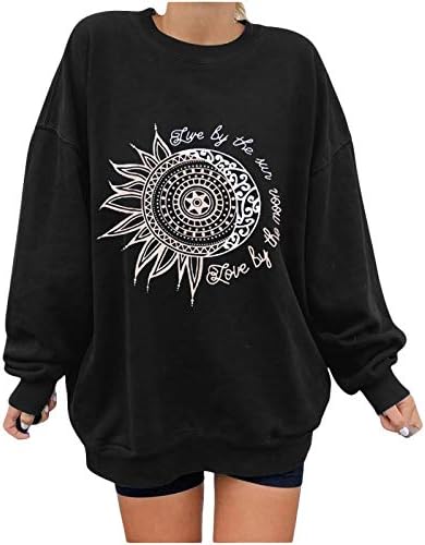 Дамски hoody Y2K, Всекидневни Пуловер с принтом на Слънцето и Луната, Реколта Ежедневни Тениска Оверсайз с Дълъг