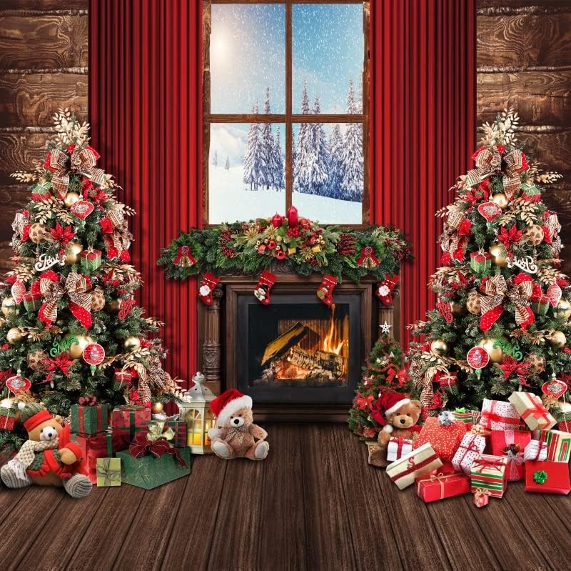 DORCEV 10x10ft Коледен Фон за прозорци Зимна Страна на Чудесата Горски Камина Бор Коледен Подарък Кутия на Фона