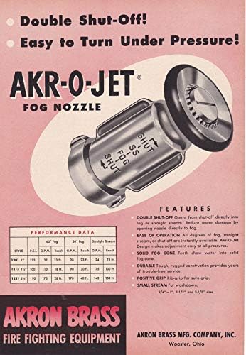 Оригиналната журнальная реклама 1955 г. Akron Латунная Противопожарна един пулверизатор Akr-O-Jet Fog Nozzle