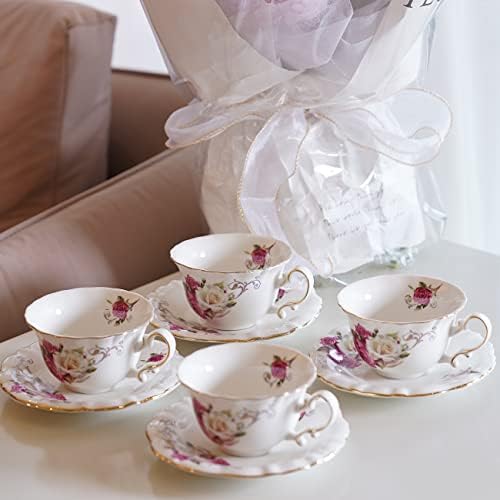 Керамични чаши Чай Jomop, Комплект от 4 чаши Кафе на и блюдец (Розови)