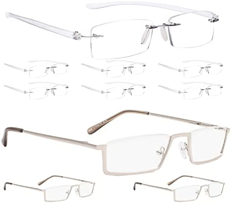 LUR 7 опаковки очила за четене без рамки + 3 опаковки на метални очила за четене в полукръгла рамка (общо 10