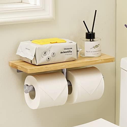 Двоен Държач за Тоалетна хартия KES с рафт, стойка за Ролка Тоалетна хартия от Полиран Никел с бамбук рафт,