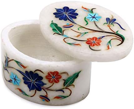 Taj Gallery Кръгла Ковчег за украса от Мрамор, Ръчно изработени (3 инча) | Инкрустация Полускъпоценни камъни