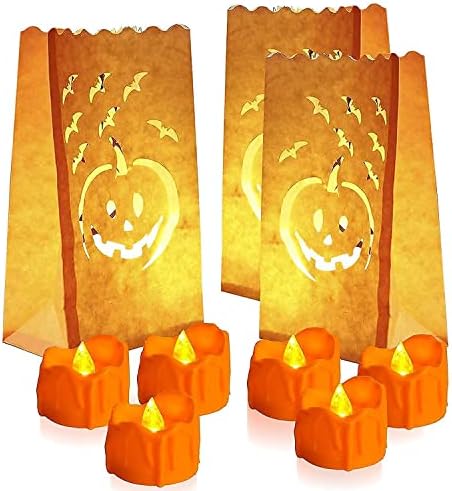 Homemory 24 опаковки Чанти за осветителни тела на Хелоуин + 24 опаковки оранжеви led прожектори, за декорация