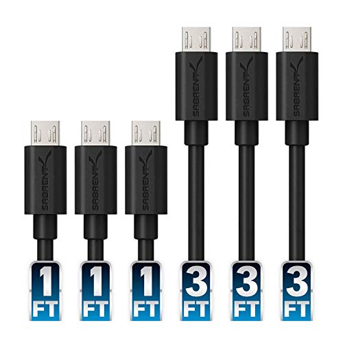 SABRENT [6 опаковки кабели Micro USB премиум-клас 22AWG (X3-3 фут + X3-1ft) Високоскоростен USB 2.0 A за свързване