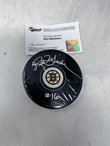 РИК МИДЪЛТЪН Бостън Бруинс ПОДПИСА Автограф Хокей на шайби Фреймуорта COA - за Миене на НХЛ с автограф