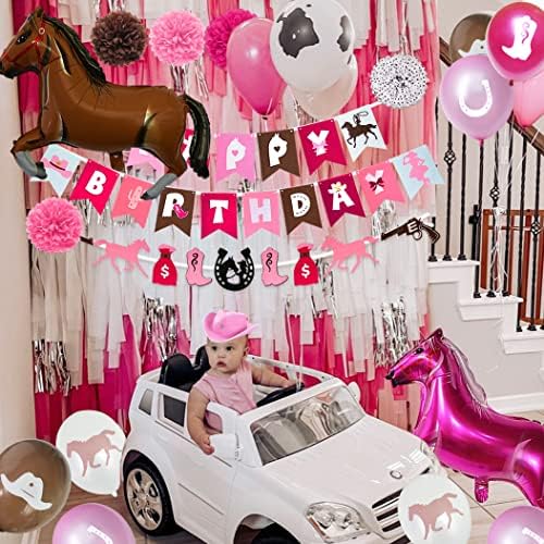 Розова Украса за рожден ден в стил Уестърн-Ковбойки, Вечерни Аксесоари за ретро-Родео езда за момичета, Включително Банер на Рожден Ден, е Венец с коне, балони във фо