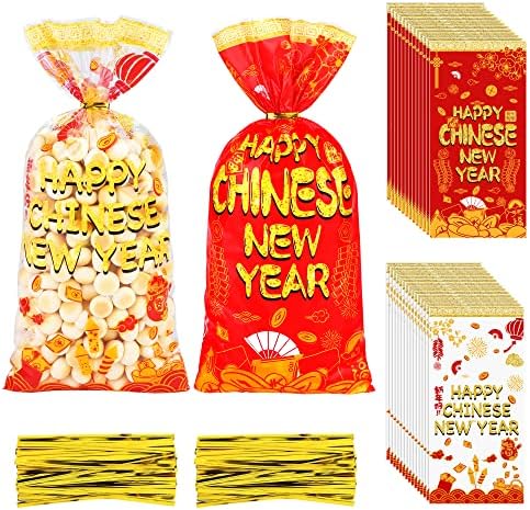 MIMIND 100 Броя 2023 Китайски Коледни Найлонови Пакети за Предложения От Червено Злато Пластмасови Опаковки за шоколадови Бонбони, Подаръчни Пакети с Крутящимися Завязк