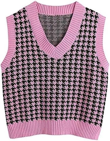 ZEFOTIM Женски Вязаный Пуловер с модел под формата на Хаундстута, Жилетка Без Ръкави, Свободни Жилетка с V-образно деколте на 90-те години, Пуловер Y2k, Пуловер на Бретелях