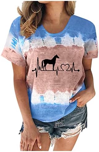 Ризи с къс ръкав за Жени Horse Heart Beat Графична Ежедневни Свободна Работна Тениска с Цветни Блокчета, Градиентные