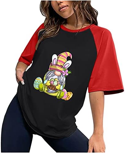 Дамски тениски с образа на Великденски яйца и Джуджета, Модерен Raglan, Цветен Блок Риза с Къси ръкави, Свободни