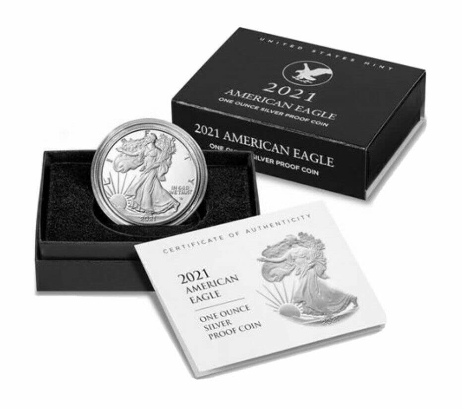 2021 W Silver Eagle Proof Тип 2 С Кутия и COA 21EAN Монетен двор на САЩ за 1 долар на САЩ