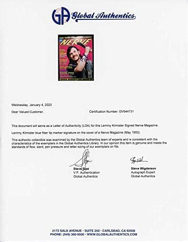 Списание Lemmy Kilmister Nerve с автограф на Истински 'GA' COA, съвместим с motorhead